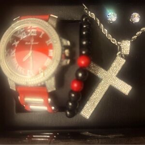 NWT Men’s Red watch / cross necklace/earrings/ bracelet